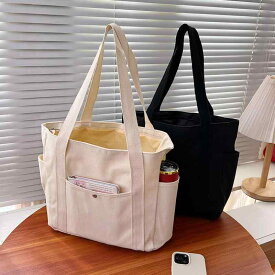 トートバッグ 女性用 帆布 手提 肩掛け 大容量 通勤 普段使い 大学生 横型 方形 ジッパー開閉 スマホポケット カードポケット 多ポケット 車縫いステッチ 中間硬度 内貼りポケット ダブル肩紐 涤棉内張り 春 ホワイト ブラック カーキ