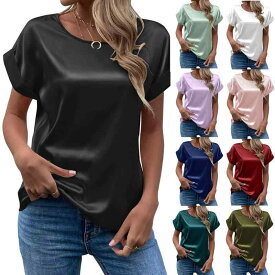 Tシャツ レディース 春夏 短袖 缎面 シャツ トップス 丸首 ゆったり ルーズフィット 気質 通勤 通勤用 普段使い 快適 涼しい ポリエステル 無地 セットインスリーブ ノンアイロン 加工 ベーシック スタイル ブラック ホワイト ブルー パープル