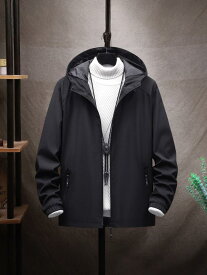 メンズ フード付き ジャケット コート 合体型 春季 長袖 ポリエステル混紡 耐摩耗 免烫処理 ジッパー 側ポケット 直裾 シンプル ファッション カジュアル 青年向け デイリー 着こなし 軽量 伸縮性 ブルー ブラック グレー