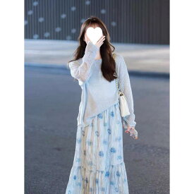 秋冬 女性用 セットアップ ニットトップス スカート ツーピース 爽やかブルー 花柄 切り替えデザイン 長袖 腈纶 ポリエステル 素材 気質通勤 スタイル 軽量 伸縮性 吸湿速乾 ハイウエスト ロング丈 普段使い オフィスコーデ 秋 コーディネート