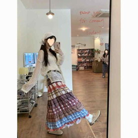 レディース ボヘミアンセット 春夏 切り替え 薄手 ニット トップス 中長丈 カラフル チェック プリーツスカート 2点セット 通勤 普段使い 都市風 ポリエステル フレア袖 長袖 軽量 伸縮性 かわいい 気質