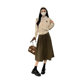 レディース 秋冬 学院風 ポロカラ フェイクツーピース ニットセーター トップス 長袖 ポリエステル 素材 無鉄 処理 セットアップ ミッドレングス スカート 甘め スタイル 杏色 上衣 コーヒー色 スカート ゆったり サイズ スリム 効果 コットン風