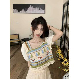 女性 ボヘミアン 民族風 セットアップ ロングスカート 夏 薄手 ニット トップス 半袖 泡泡スリーブ 飛沫袖 超長袖 透け感 切り抜き 法式 スタイル 軽量 ポリエステル 再生繊維 ピーチカラー 杏色 スリム 細身 シルエット かわいい 復古 芸術的
