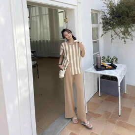 レディース 針織 トップス 短袖 切り替え ワイドパンツ セット 綿素材 春 驼色 杏色 ブラック ブラウン 気質 御姐風 私服 ゆったり シンプル ファッション 長丈パンツ コットン コットン混 スタイリッシュ セットアップ 女性用 春秋