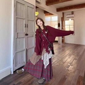 レディース 秋冬 毛衣 開衫 外套 花柄 デザイン ワイド シルエット 汎用 ニット トップス シンプル 切り替え ロング スカート セット 気質 通勤 スタイル 韓流 ファッション ストライプ 柄 チェック 柄 ボタン ディテール ポリエステル 素材
