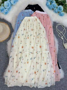 article-semi skirt summer print mesh pleated high waist slim long skirt