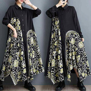 �����s�[�X ���f�B�[�X ���� �`���j�b�N irregular color blocking splice dress ladies fashion casual vintage style polyester long sleeve round neck