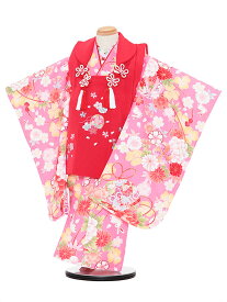 【レンタル】七五三レンタル 女の子 3歳着物フルセット ピンク色着物×赤色被布 桜 被布セット 子供着物 貸衣装 3064
