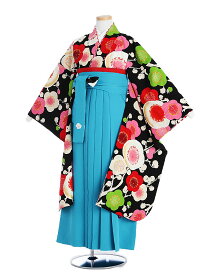 【レンタル】袴レンタル 小学生 卒業式 袴セット 女の子12歳前後 紅一点 女児袴レンタル 黒地椿柄着物×青系袴 フルセット 148-153cm 卒業袴 6年生 貸衣装 子供着物