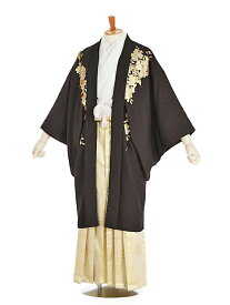 【レンタル】男性袴レンタル 紋付き袴 黒 背中桜模様×白金 170～175cm 成人式 メンズ 袴 卒業袴 男性用袴 大人用 着物レンタル 男性和装 貸衣装 0011