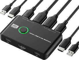 KVM切替器 HDMI 4K 60Hz対応 パソコン2台モニター1台切替 USB2.0ハブ4ポート搭載 キーボード マウス プリンター共有 デスク周り配線整理 ゲーム機対応 プラグアンドプレイ ワンタッチ切替 日本語
