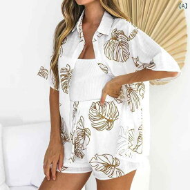 セットアップ レディース 上下セット 半袖シャツ ショートパンツ コットン混 プリント カジュアル 夏服 部屋着 ルームウェア ゆったり 体型カバー 通気性 吸汗性 通学 通勤 普段着 お出かけ