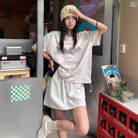 セットアップ レディース 上下セット 半袖Tシャツ Aラインスカート 2点セット プリント柄 体型カバー 抽繩仕様 ウエストゴム カジュアル 普段着 お出かけ デート 旅行 動きやすい