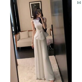 セットアップ レディース ベスト ワイドパンツ ノースリーブ ブラウス ロングパンツ 上下セット 2点セット きれいめ 無地 シンプル オフィス 通勤 通学 入学式 卒業式 体型カバー ゆったり 動きやすい