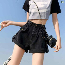 ショートパンツ レディース デニムハイウエスト裾ロールアップ ゆったり ブラック無地ボトムスホットパンツ シンプルベーシック定番ナチュラルカジュアル