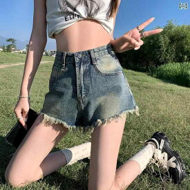 デニムショートパンツ レディース ハイウエストAラインワイドショート丈 切りっぱなしレトロカジュアルボトムス シンプルベーシック定番 ナチュラルスタンダード ショートパンツジーンズジーパン短パン無地