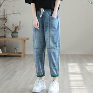 デニムパンツ レディース クロップドパンツ 9分丈 ダメージ加工 薄手 夏用 ストレッチ ウエストゴム ゆっ…