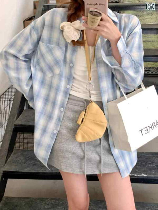 楽天市場】シャツ レディース 長袖 チェック柄 ブラウス ブルー 青 