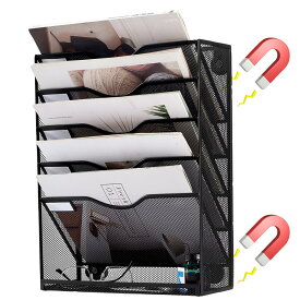 マグネット式 ファイルラック 6段 壁掛けファイルラック 卓上収納ラック 書類トレー 壁掛け書類ラック 組み立て不要 多機能 新聞 雑誌 A4ファイル 書類入れ 書類整理 大容量 40.6x31.7x11cm
