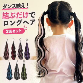 【2本セット】 エクステ キッズ ダンス 簡単 巻き髪 メッシュ ロング カラー ヘア 子供 ワンタッチ ゴム ポニーテール ピンク/レッド/パープル/ブルー/グリーン/ホワイト/薄藤色 ウィッグ つけ毛 パーマ 三つ編み 赤髪 ハイライト ウェーブ ジュニア かわいい ツインテール