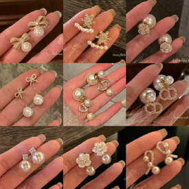 銀針ジルコン花文字人工真珠イヤリングファッション高級感気質ピアス女性贅沢独特アクセサリー