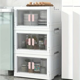 1pc 組立設置不要 動かせる折りたたみ収納ボックス両開きドア クリアカラー仕上収納ボックスおもちゃ収納キャビネット