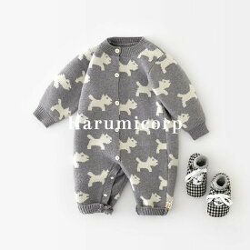 【クーポンで2,197円】ニット ロンパース 犬 総柄 新生児 女の子 男の子 ベビー服 カバーオール キッズ 長袖 赤ちゃん 子ども服 ロンパース 可愛い 歩行服 ジャンプスーツ ボタン 秋冬 パジャマ ルームウエア 普段着 新年 文化祭 出産祝い 子供服 66 73 80 90cm harumicorp