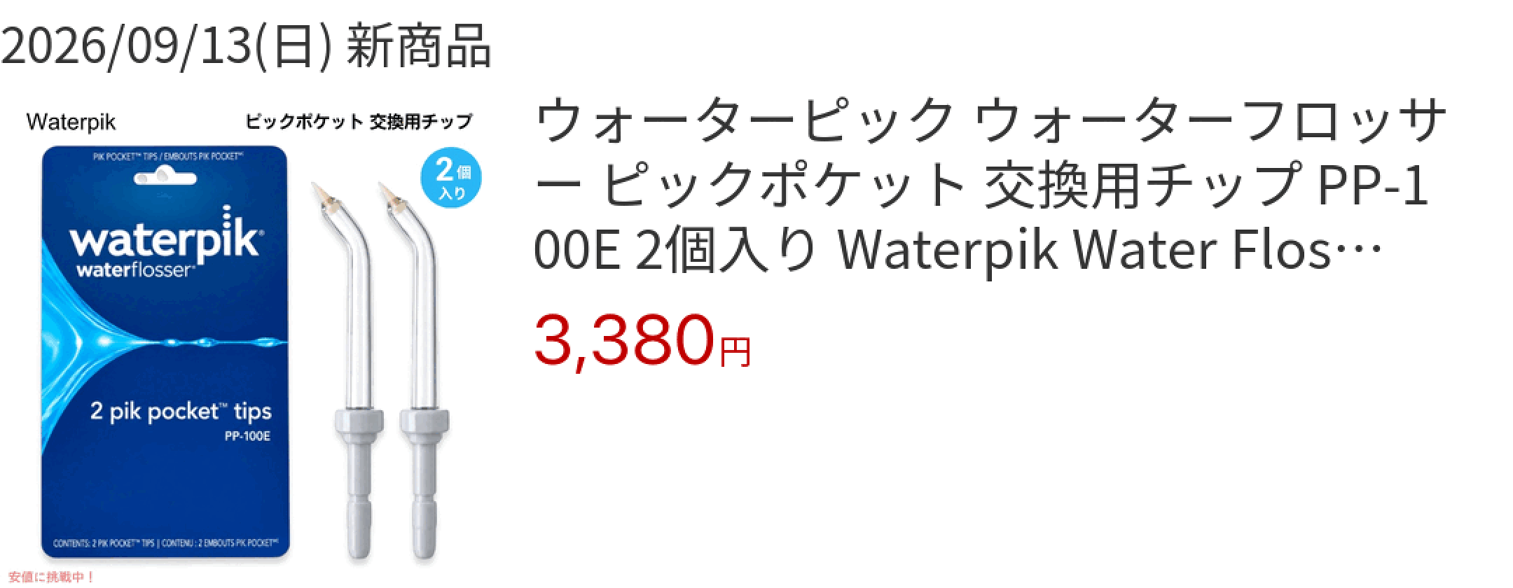 2026/09/13(日) 新商品 ウォーターピック ウォーターフロッサー ピックポケット 交換用チップ PP-100E 2個入り Waterpik W