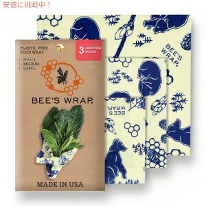 Bees Wrap �r�[�Y���b�v �ė��p�\�ȃ~�c���E�t�[�h���b�v Reusable Beeswax Food Wraps �č��� - �l�ߍ��� (S,M,L)3pack Bees and Bears Pattern