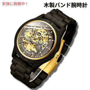 IK COLOURING �����Y �@�B�� �ؐ� �X�P���g������ �r���v �u���b�N Men's Mechanical Wooden Skeleton Automatic Watch Black