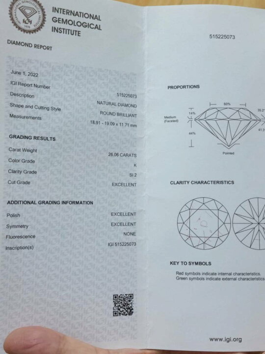 楽天市場】【IGI鑑定書付 】超大粒！ 26.06ct K SI-2 3EX 天然 