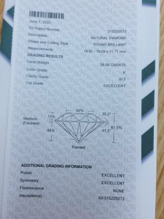楽天市場】【IGI鑑定書付 】超大粒！ 26.06ct K SI-2 3EX 天然  