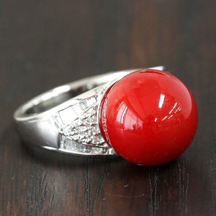 稀少 高品質！ 国産 赤珊瑚 12.4mm ダイヤモンド プラチナ リング 鑑別  