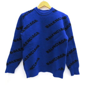 BALENCIAGA　ALLOVER LOGO CREWNECK KNIT バレンシアガ　オールオーバーロゴ クルーネック ニット 555486　ブルー/総柄　サイズ：S【中古】【122 インポート】【四日市 併売品】【122-230401-09USH】