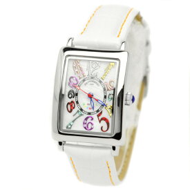 腕時計 レディース レクタンギュラー カラフルインデックス ジルコニアウォッチ セイコームーブ ホワイトxオレンジステッチ レディースウォッチ PT-9500L-1
