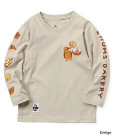 【CHUMS】Kid's BAKERY Brushed L/S T-Shirt　　キッズチャムス/ベーカリーブラッシュドロングスリーブTシャツ/子供/親子コーデ/リンクコーデ/おそろい/長袖/ロンT/Tシャツ/袖プリント/パン屋/パン/ベーカリー/パン柄/食パン/アウトドア/COTTON USA/ベージュ/グレージュ