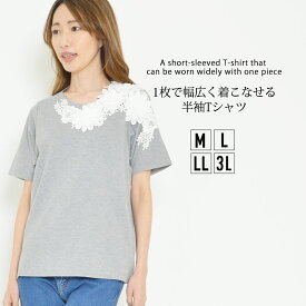 Tシャツ M L LL 3L レディース トップス 半そで ゆったり 伸縮性 モチーフ ラウンドネック 刺しゅう 無地 落ち感 春 夏 秋 スポーティーエレガント 大人かわいい【最安値に挑戦】おうちコーデ【メール便】