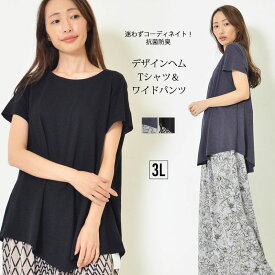 【28時間限定20％OFFクーポン 5日23:59迄】【2点セット】 3L レディース Tシャツ ワイドパンツ 抗菌防臭 綿混素材 手洗いOK ラウンドネック ハンカチーフヘム ストレッチ性 シワになりにくい 春 夏 大人カジュアル 大人かわいい【最安値に挑戦】【メール便】