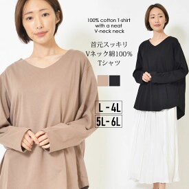 【28時間限定20％OFFクーポン 5日23:59迄】Tシャツ L-4L 5L-6L レディース ロンT 長そで 体型カバー 綿素材 洗濯機洗い可 Vネック お尻が隠れる丈感 無地 ラウンドヘム 春 夏 秋 大人カジュアル 大人かわいい【最安値に挑戦】【メール便】