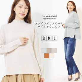 【最大20％OFFクーポン 25日23:59まで】ニット S M L レディース トップス 長そで リラックスシルエット ファインメリノウールの混紡糸 手洗いOK ハイネック サイドスリット 無地 抜け感 秋 冬 きれい系 大人かわいい【最安値に挑戦】【メール便】