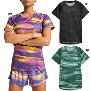 プーマ レディース ラン ヴェロシティ RUN VELOCITY AOP Tシャツ ジョギング マラソン ランニングウェア トップス 半袖 ブラック 黒 グリーン 緑 送料無料 PUMA 527256