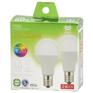 �I�[���d�@ LED�d�����` E17 60�`����/60W���� �����F Ra93�����F �����Ή� �f�M�ގ{�H���Ή� �~�j�N���v�g���` 5�N�ۏ� 2�� LDA6N-G-E17 RA 2P 06-5567 OHM