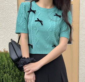 リボン半袖ニットセーター女子半袖シャツきれい レディース春服ニットセーター 女子半袖Tシャツ デート 韓国スタイル 韓国服