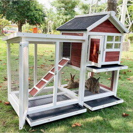 屋外ウサギケージ木製鶏小屋 ウサギケージ うさぎケージ ウサギ小屋 うさぎ小屋 ラビットケージ屋外二層木製チキン小屋 木製小動物 アパートメント フラット換気ドアと取り外し可能なトレイ付き 組立簡単 洗え 四季通用 red