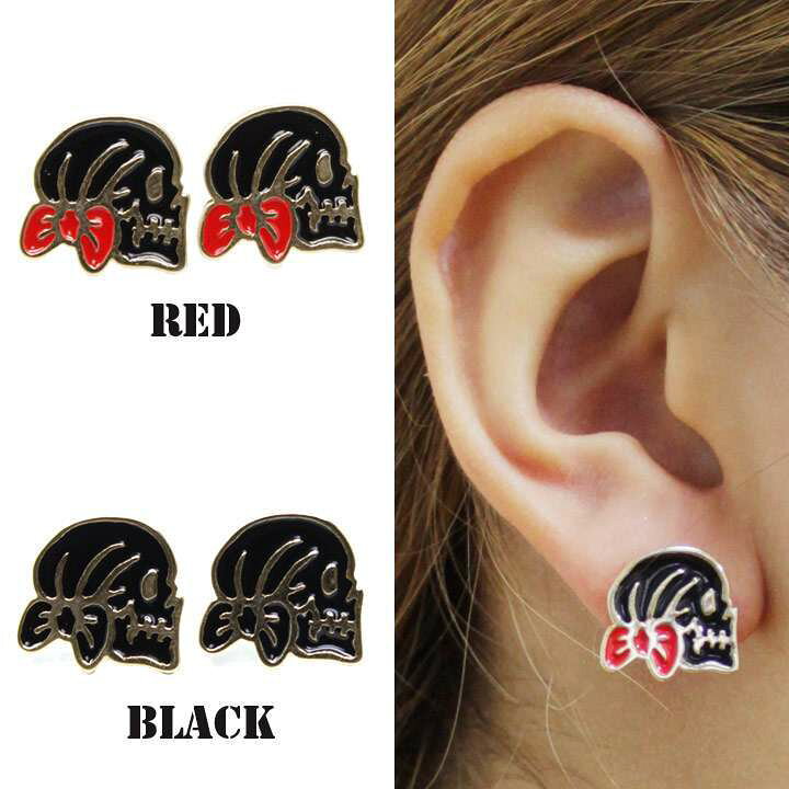 楽天市場】ピアス ポスト リボンスカル骸骨 乙女ドクロ りぼん 黒 両耳  