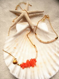 Mermaid jewelry ターコイズ 赤サンゴ ミニ淡水パール ネックレス ブレスレット セット シェルチャーム ギフトセット オリジナル ハンドメイドアクセサリー　ハワイアンジュエリー
