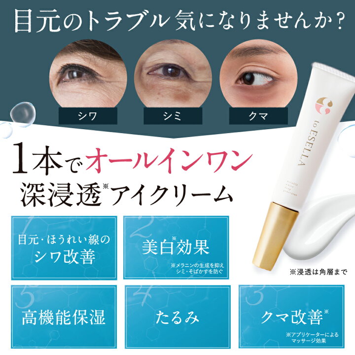 楽天市場 楽天スーパーsale ポイント5倍 アイクリーム 目元クリーム 目元用クリーム まぶた 日本製 To Esella アイクリーム シワ 改善 シミ たるみ くま クマ 高保湿 プラセンタ ヒアルロン酸 ビタミンc誘導体 ナイアシンアミド セラミド 医薬部外品 7g 2本セット