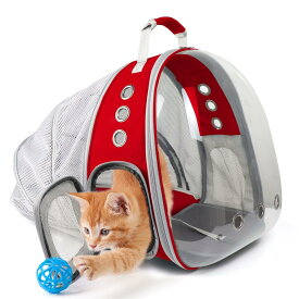 Wonsam キャリーペットバッグ 透明ペットキャリー 猫リュック 軽量 通気性 大容量 持ち運び便利 ポケット付き 通院 散歩 旅行 猫用 小型犬用（赤色）