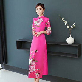 ベトナム 民族衣装 アオザイ 春夏 レディース チャイナ ドレス スリム エレガント きれいめ 鮮やか ワンピース ロング丈 大きいサイズ 赤 黄 花柄