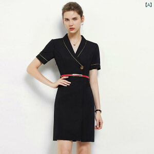 受付 制服 ワンピース レディース おしゃれ 黒 ビジネス お尻 ヒップカバー スカート Vネック スリムフィット 半袖 ゴールドショップ 夏 レストラン 施設